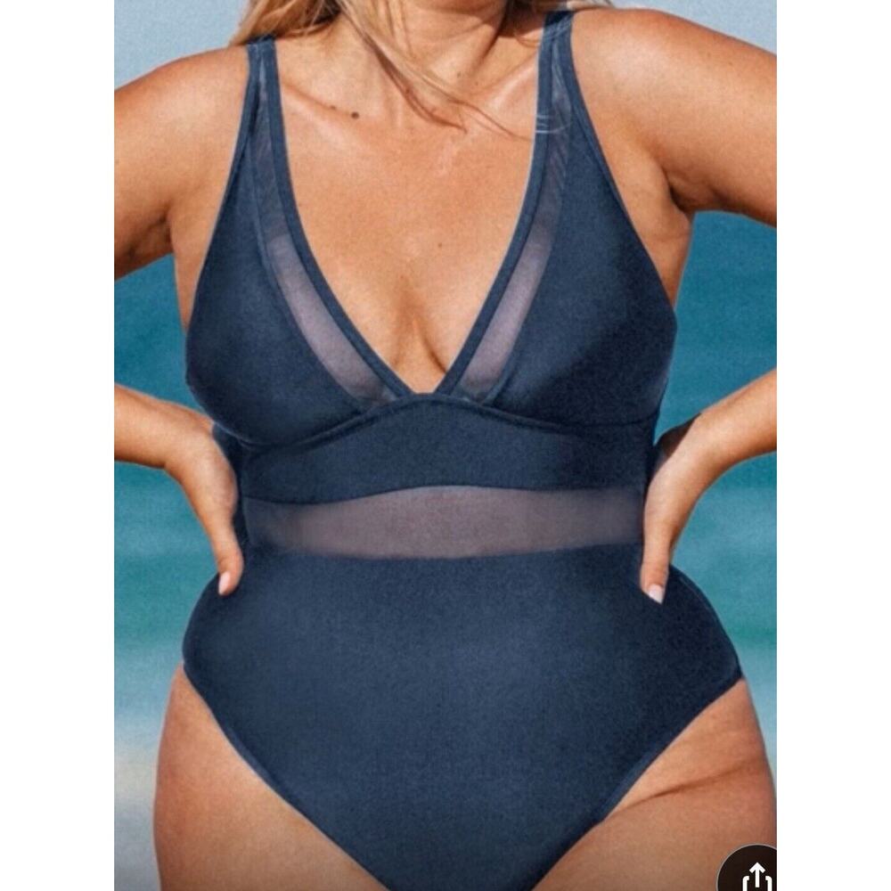 CUPSHE Women Plus Size 2X Navy 1 Piece Swimsuit V Neck Mesh Sheer Tummy Control